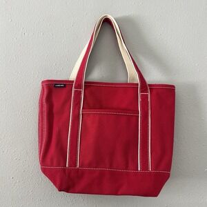 Lands' End Red Heavy Duty Canvas Tote Boat Bag Large Open Top Durable Shopping